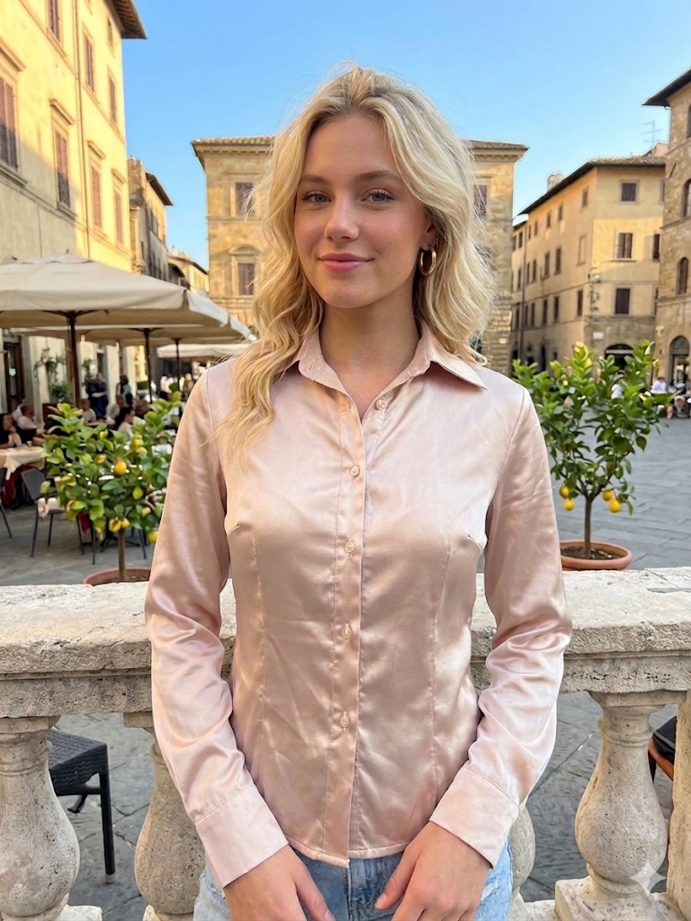 Silk-Look Button-Down Blouse in Dusty Pink